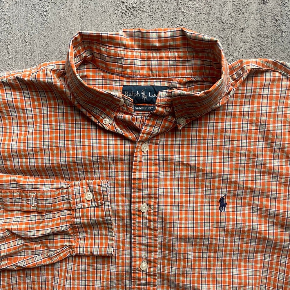 Vintage Ralph Lauren Plaid Button Down Shirt Mens XL Orange 90s